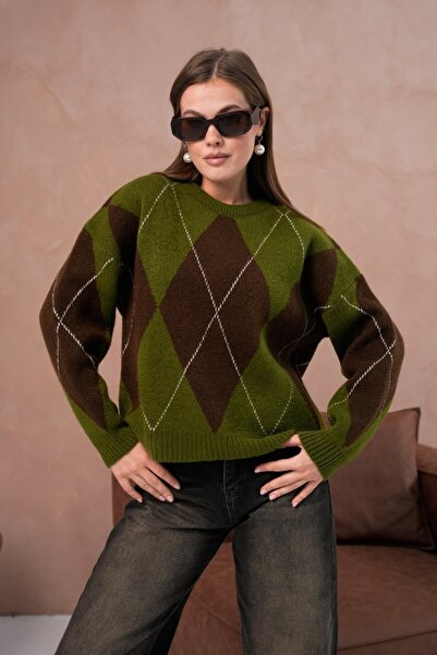 Noi Belis Oversized Large Argyle Pattern Knitwear Sweater Aw25Kz0093
