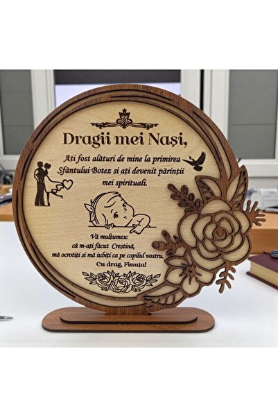OEM Decor din lemn personalizat pentru botez/nași, cu ramă de trandafir, model Finuta 2, 22 cm, crem