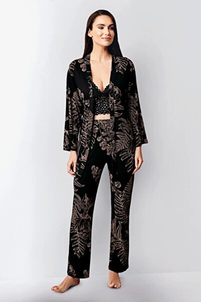 ROZELT Women's Black Bustier Top 3-Piece Modal Pajama Set