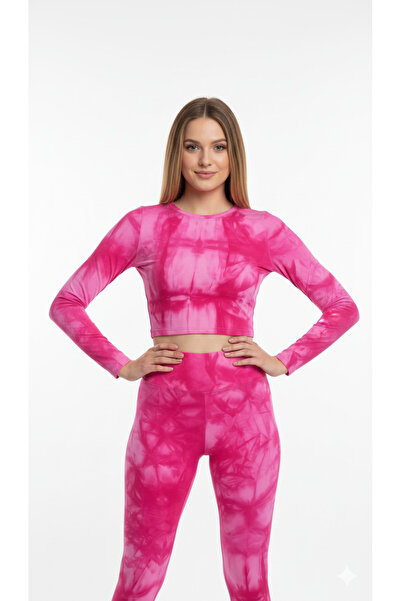 Wyv Kadın Fuşya Pembe Batik Desenli İçi Şardonlu Termal Spor Takım (Crop Üst & Tayt)