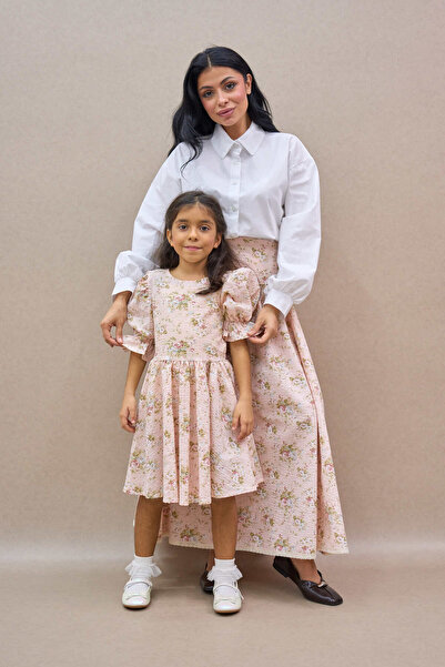 KÜÇÜĞÜM BUTİK Vintage Pink Floral Lace Seersucker Skirt and Girl's Dress Mother-Daughter Combination (Sold as a Single Item)