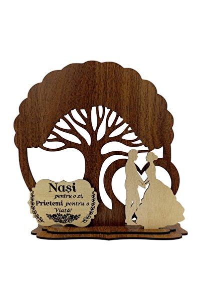 OEM Brad cu siluete și mesaj pentru nași, lemn de nuc personalizat, 20 cm