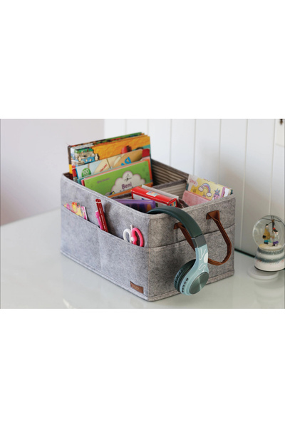 Epilons Multi-Purpose Organizer Box with 3 Compartments Leather Stripes Felt Basket 03860