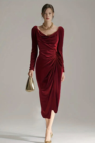 missamour Women's Long Sleeve Waist Drawstring Detail Midi Velvet Dress