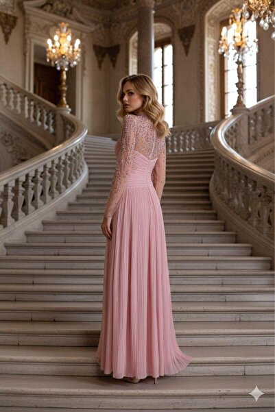 Kenzel Flower Detailed Collar Sleeve Embroidered Tulle Wrap Evening Dress