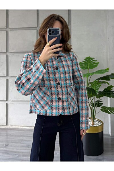 Coral Kareli Kaşe Ceket 0253 Pudra