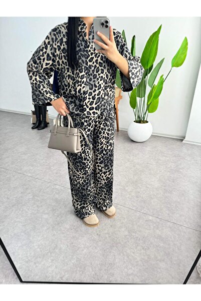 Coral Leopar Desenli Gömlek Pantolon Takım 7184 Gri