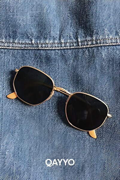 QAYYO Accessories Beery Gold Black Metal Pentagonal Unisex Sunglasses