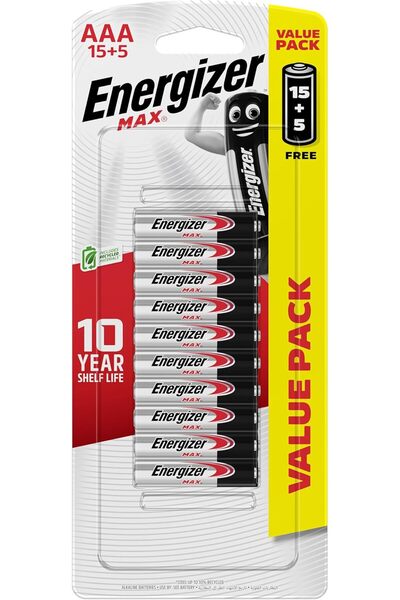 Energizer بطاريات قلوية AAA، 1.5 فولت بحد أقصى، عبوة من 20 بطاريات، لون أسود،...