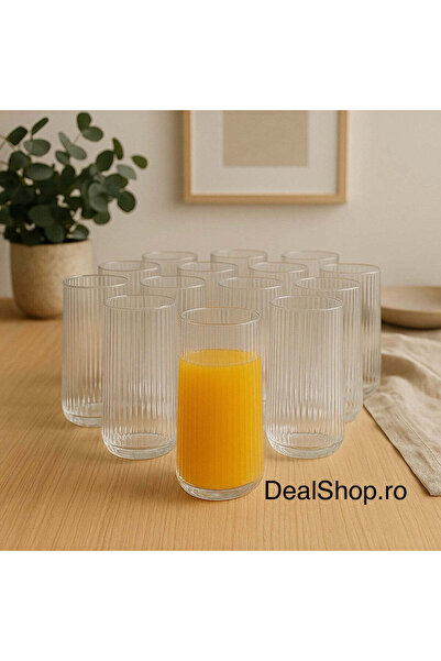 OEM Set de 12 pahare transparente din sticlă cu nervuri 400 ml, design modern...