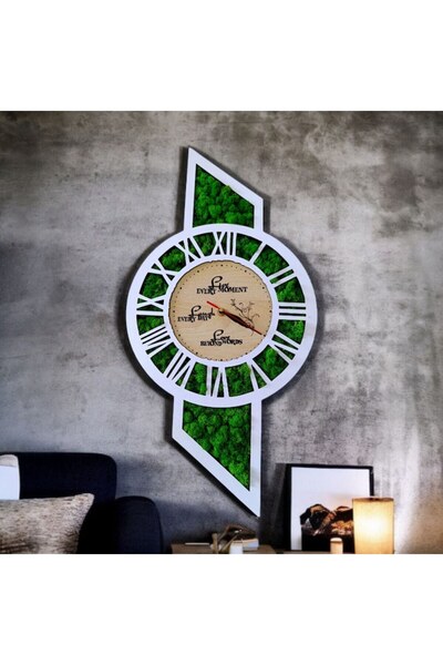 OEM Wall clock decorated with stabilized moss, gift for family/friends, 60x30 cm, white