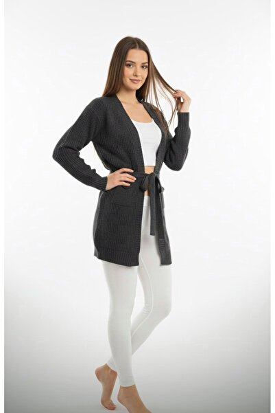 rushana Women's Belted Slim Fit Knit Pattern Knitwear Cardigan with Pockets