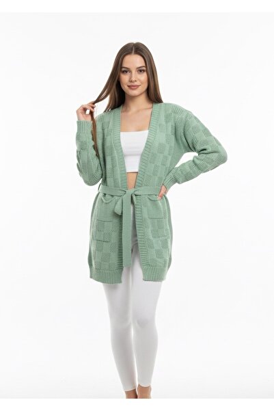 rushana Women's Belted Slim Fit Knit Pattern Knitwear Cardigan with Pockets