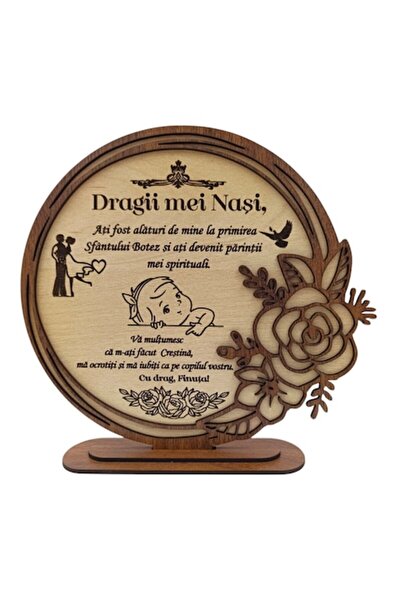 OEM Decor personalizat din lemn pentru botez/nași cu ramă de trandafir, model Finuta 2 - 22 cm, crem