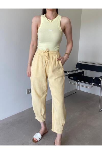 Bade Butik Pantaloni largi din muselină galbenă