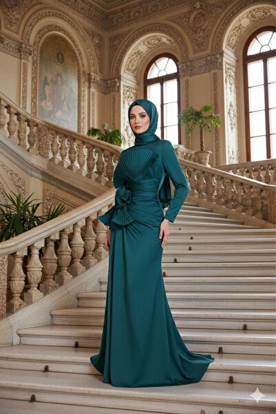 Kenzel Uzun Kollu Drapeli Tesettür Uzun Elbise