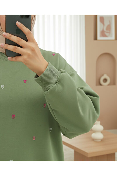 MissRunin Round Neck Heart Patterned Combed Cotton Tunic