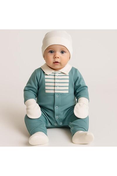 RAPAPA Baby Boy Romper with Booties and Snap Fasteners – Striped Detail , Soft Fabric 128656Y