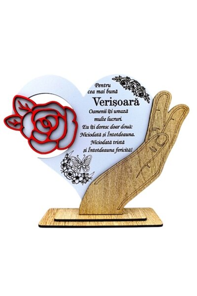 OEM Heart plaque decoration with rose, personalized message for Cousin, 22 cm, white and brown