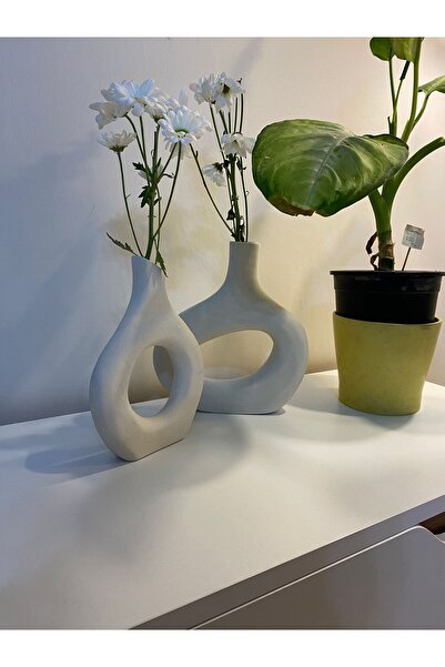 ALTUNOĞLU TASARIM Modern Halkalı El Yapımı Alçı Dekoratif Vazo – Minimal Ev D...