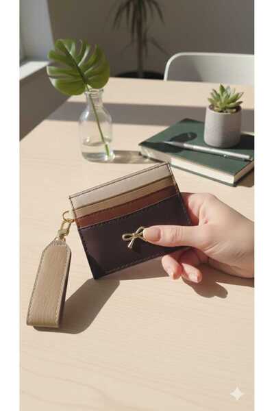 Uzs pace Shiny Faux Leather Card Holder & Keychain with Bow Detail