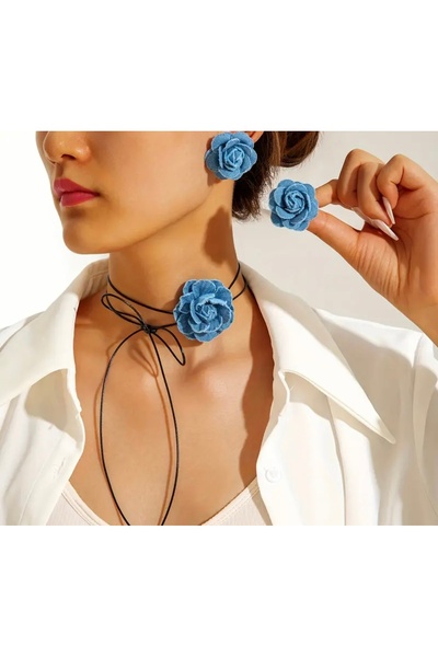 Moda Nova TR Şık ve Zarif Mavi Faux Denim Kumaş Çiçekli Kolye ve Küpe Seti