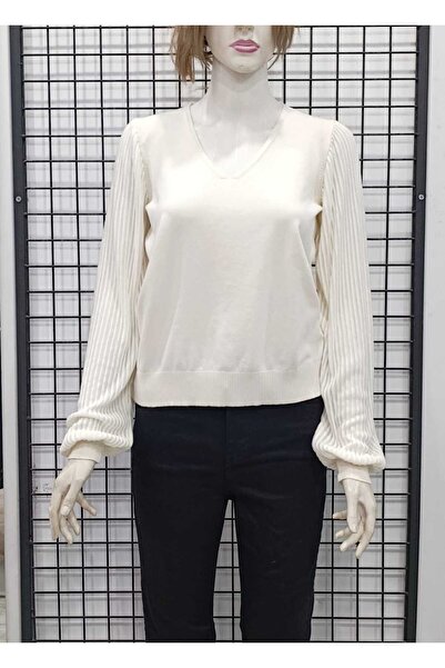 WIENELLA Pleated Wide Sleeve V-Neck Women's Knitwear Blouse