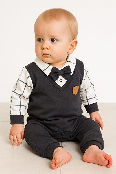 RAPAPA Baby Boy Anthracite Bow Tie Suit Jumpsuit – Stylish Collar Detail, One-Piece Comfortable Design 128324