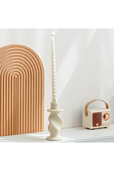 EXCEFORE Taper Ceramic Candle Holder - Spiral Textured, Beige, Set of 2