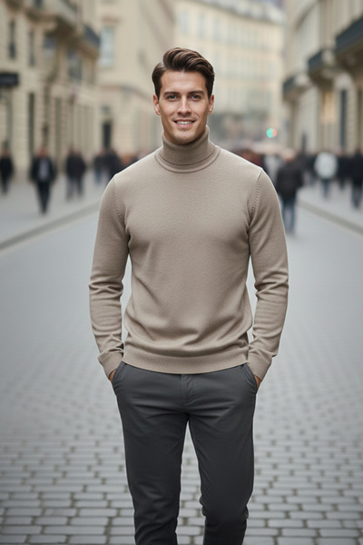 NAZEF Slim Fit 50% Cotton Mink Turtleneck Sweater