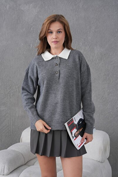 Noi Belis Oversized Soft Texture Half Placket Button Knitwear Sweater Aw25Kz0098