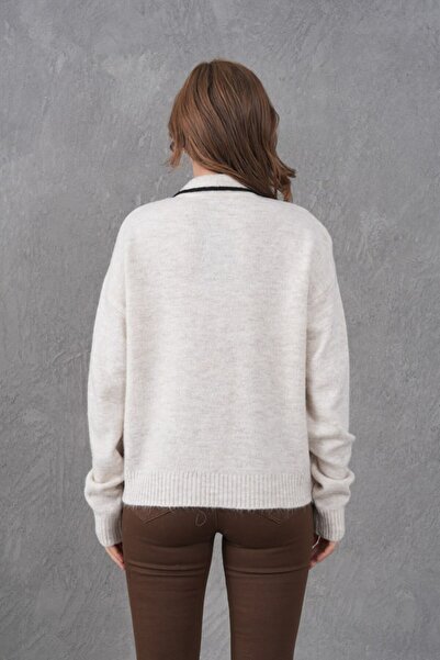 Noi Belis Oversized Polo Collar Half Placket Button Detail Knitwear Sweater Aw25Kz0096