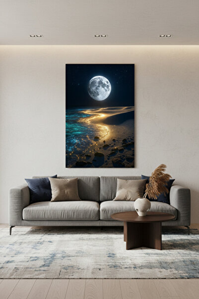 hollywest Dolunay ve Işıltılı Sahil Manzarası Kanvas Tablo | Modern Ev Dekorasyonu