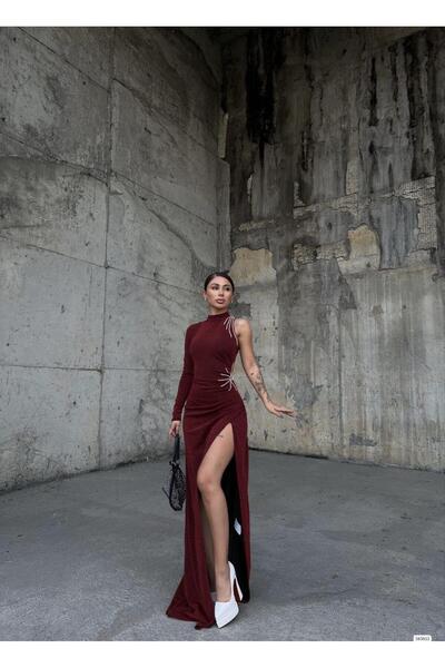 Modafeminen guler ridicat cu pietre aplicate cu fantă FLOWERS Rochie de seara 583055 ROSU