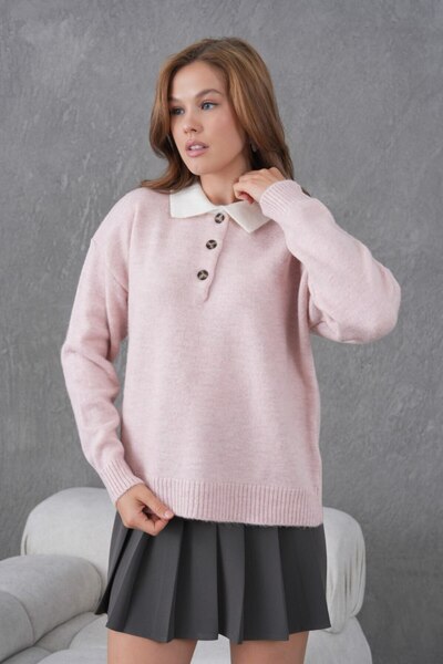 Noi Belis Oversized Soft Texture Half Placket Button Knitwear Sweater Aw25Kz0098