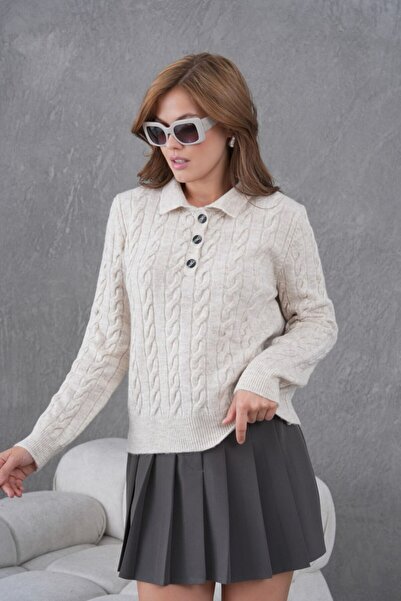 Noi Belis Hair Braid Detail Half Placket Button Polo Neck Knitwear Sweater Aw25Kz0097