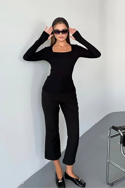 jeneric Black Square Neck Finger Detail Buzzy Fabric Slim Fit Body-Blouse
