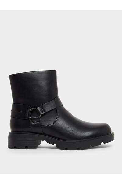 Styli Black Buckle Ankle Boots