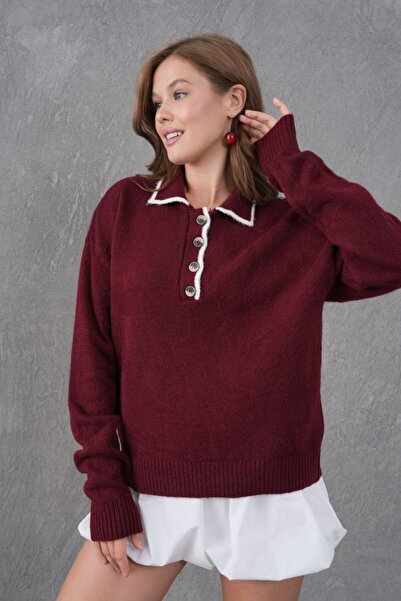 Noi Belis Oversized Polo Collar Half Placket Button Detail Knitwear Sweater Aw25Kz0096