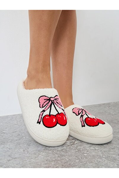Styli Cream Cherry Pattern Bedroom Slippers