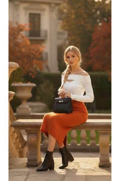 bohostyle Elastic knitted skirt, length 80 cm, straight cut with back slit