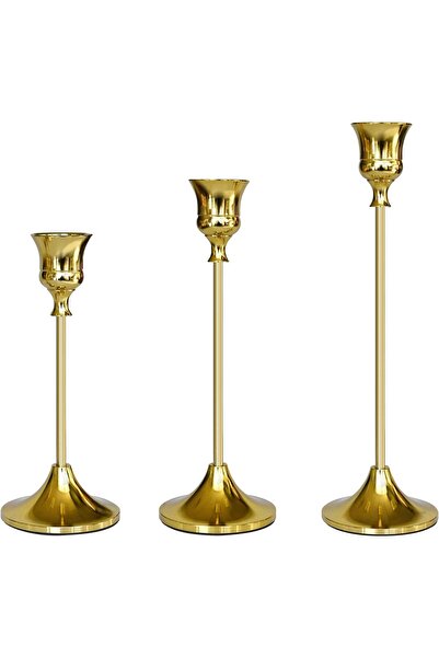 LBOYLOVE مجموعة من 3 حاملات شموع من النحاس الذهبي، حاملات شموع مدببة (ذهبي تي...