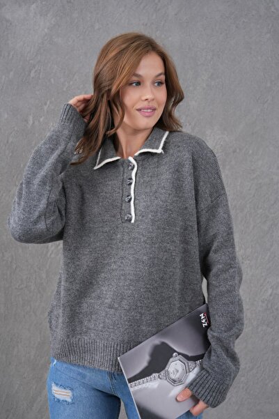 Noi Belis Oversized Polo Collar Half Placket Button Detail Knitwear Sweater Aw25Kz0096