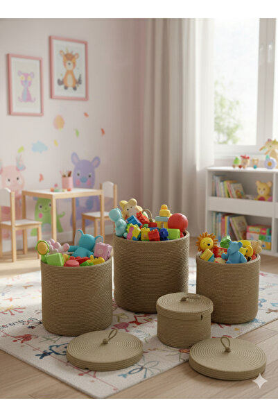 DNC Art&Deco Set of 4 Jute Baskets with Lids - Dirty Laundry, Toy and Multi-P...