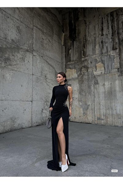 Modafeminen ψηλός λαιμός Βραδινό φόρεμα άνοιγμα FLOWERS με πέτρινη λεπτομέρει...