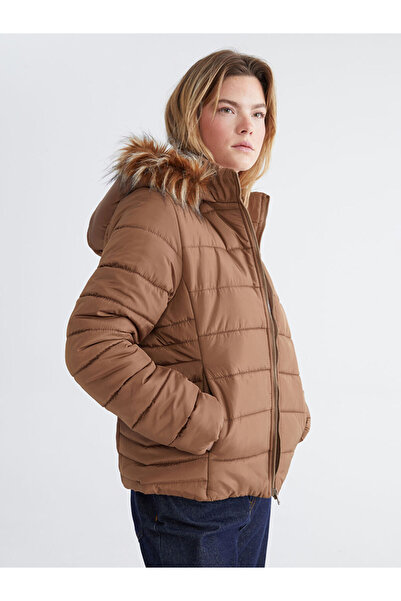 LC Waikiki Lcw Eco Brown Fur Hooded Women's Puffer Coat