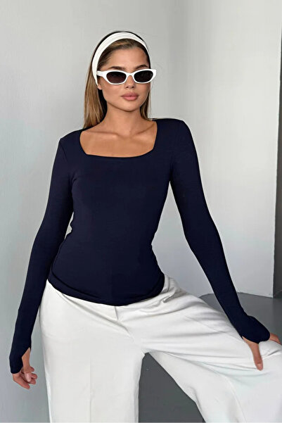 jeneric Navy Blue Square Neck Finger Detail Buzzy Fabric Slim Fit Body-Blouse