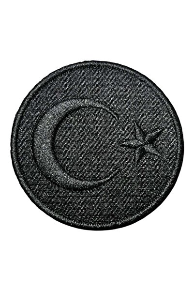 Ex Patch Black Color Round Turkish Flag Embroidery Peç Patch - 8 cm
