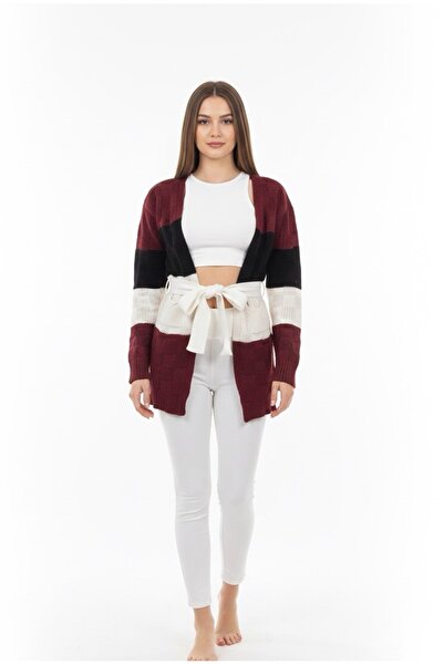 rushana Women's Colorful Pocket Belted Slim Fit Knitwear Cardigan