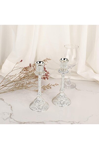 OwnMy Set of 2 Taper Candle Holders, 7.4" Brass Candlestick Holders, Silver